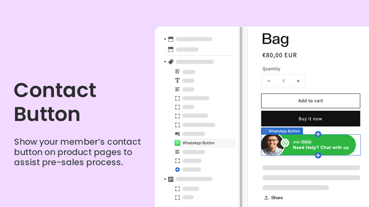 Design and drag & drop WhatsApp contact button on product page