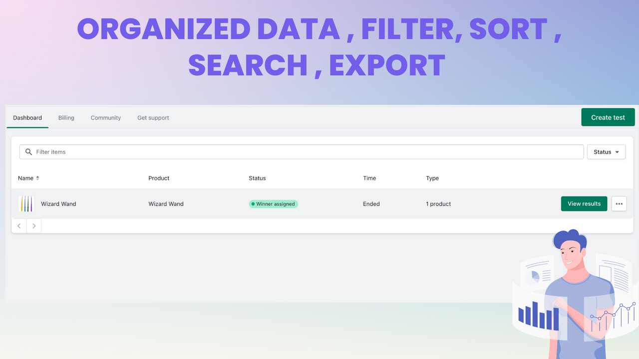 Organize Data , Filter , Search , Export