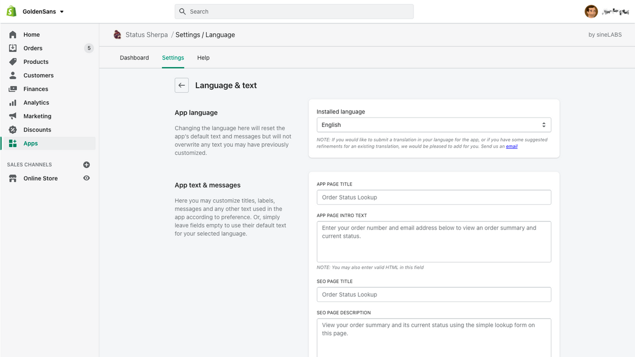 Admin language & text settings