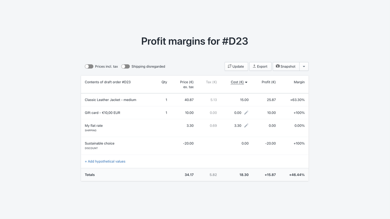 Main app screen showing the profit margins table for an order