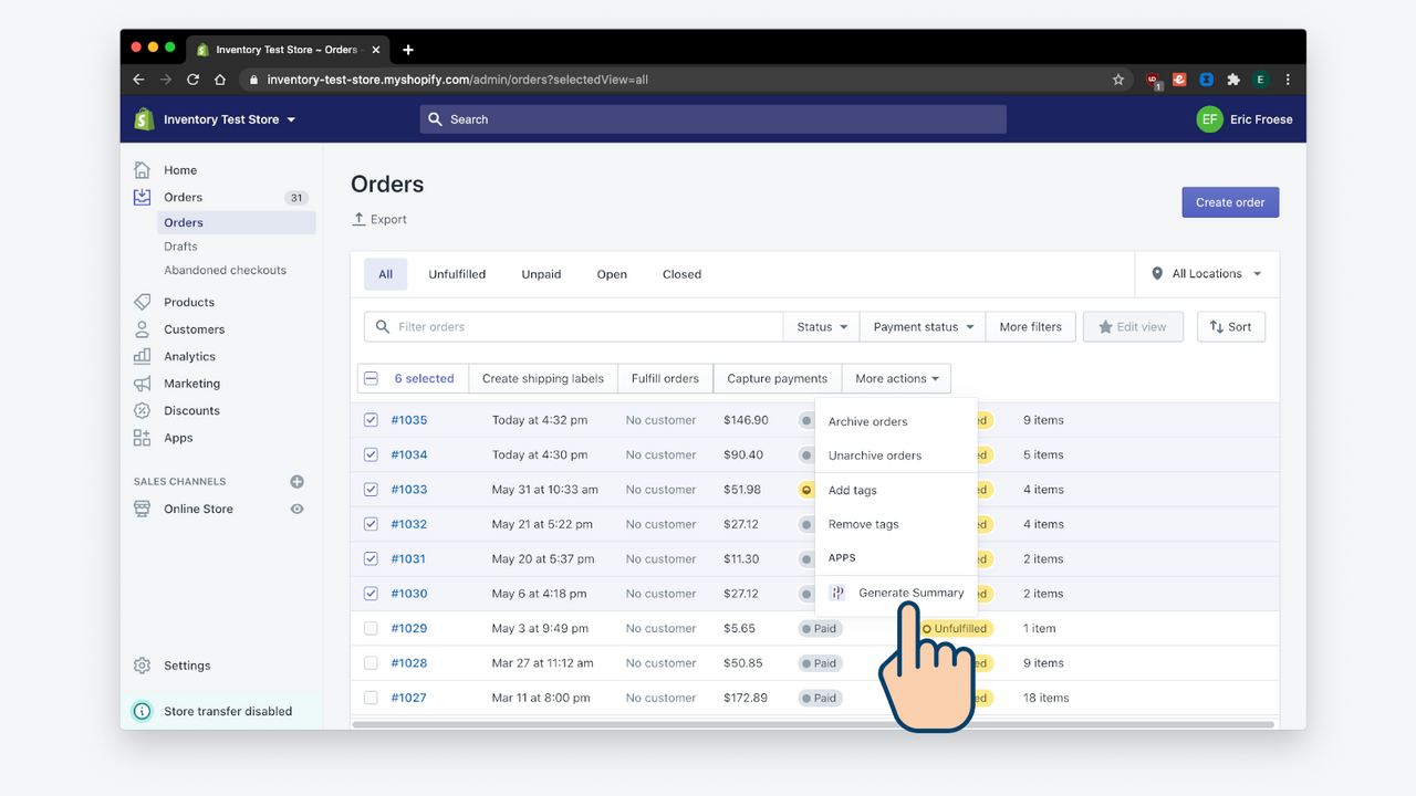 Generate summary from orders page