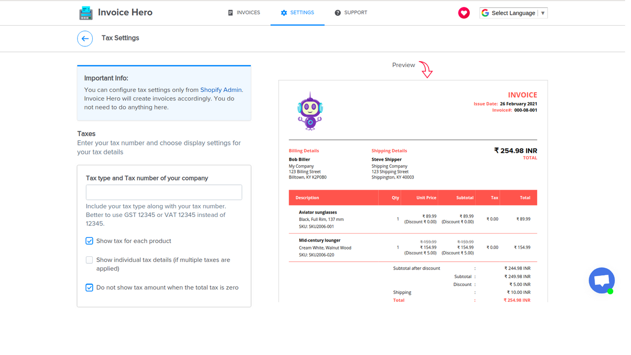 Invoice Hero PDF Tax Settings Page