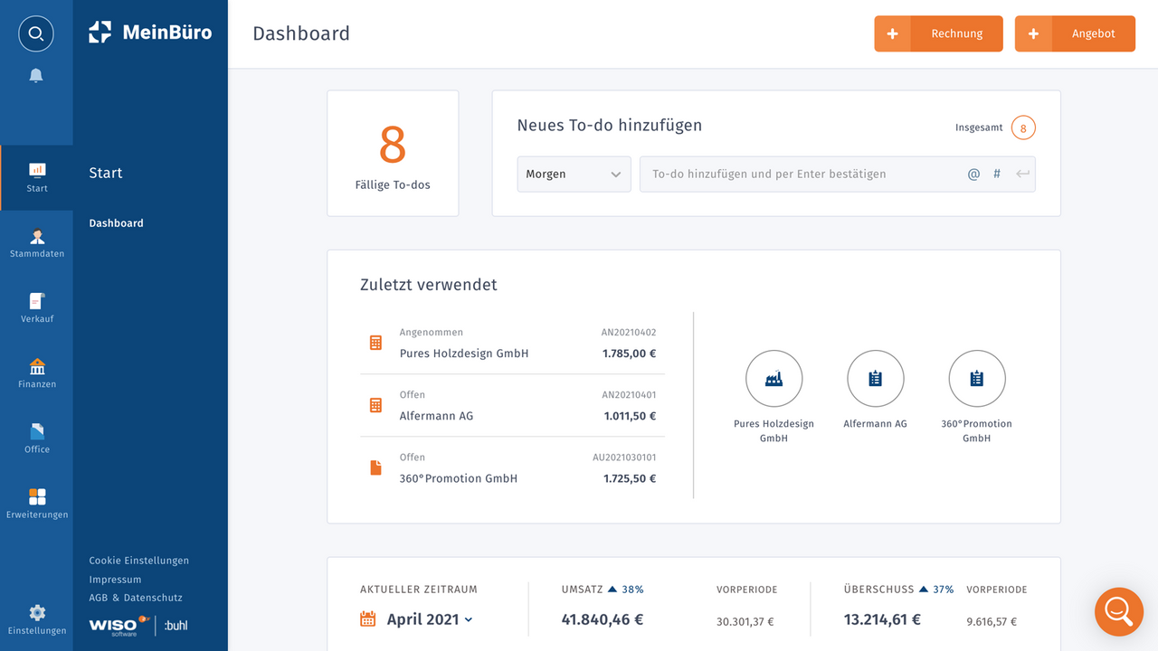 WISO MeinBüro Web Dashboard