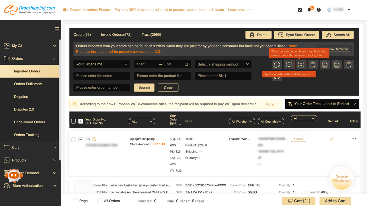 Sync orders to CJ before Splitting or Combining them with ease.