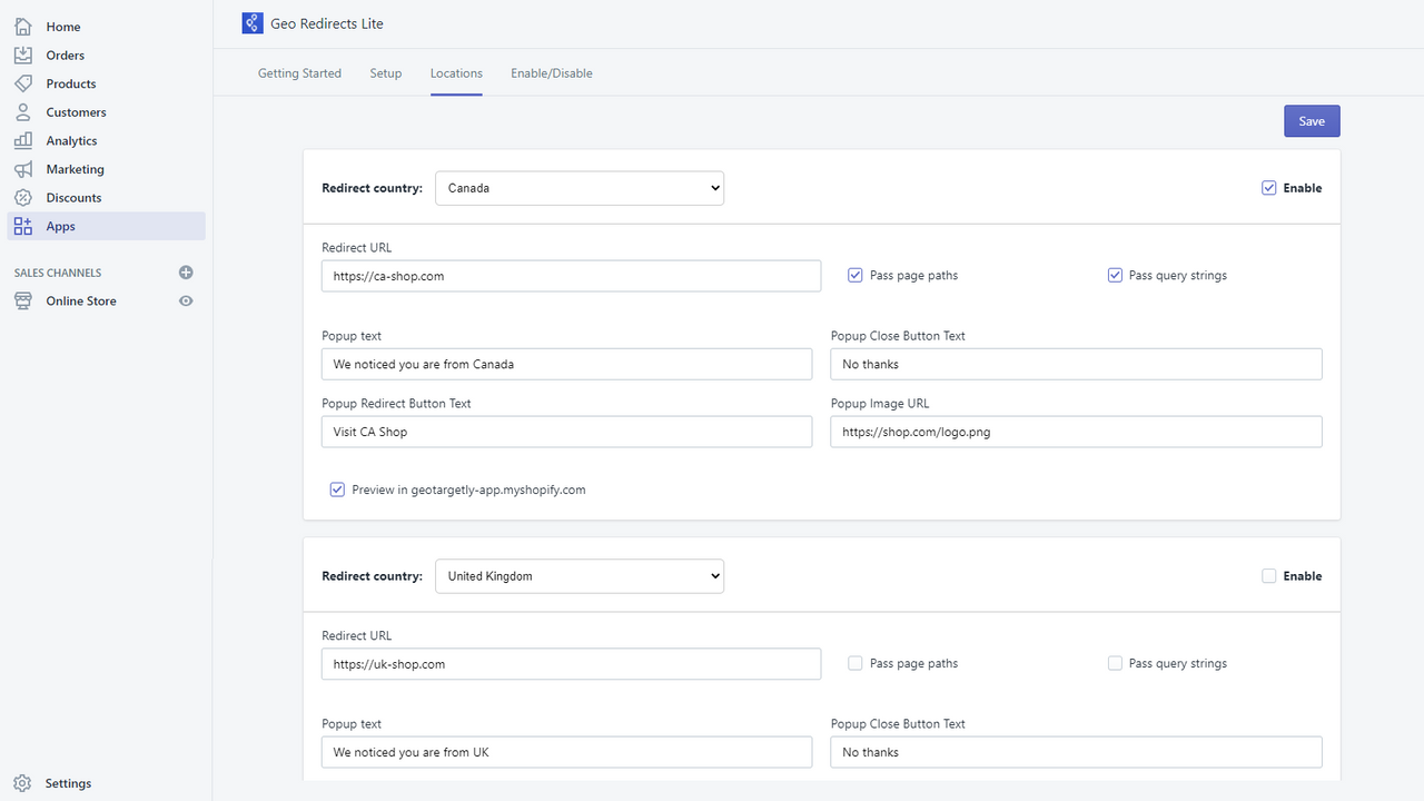 Select countries to redirect and specify redirect URL