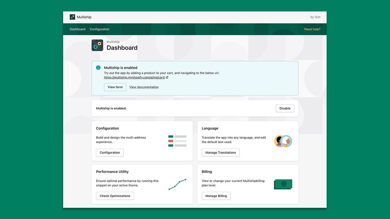 Multiship's dashboard allows for custom configuration of the app
