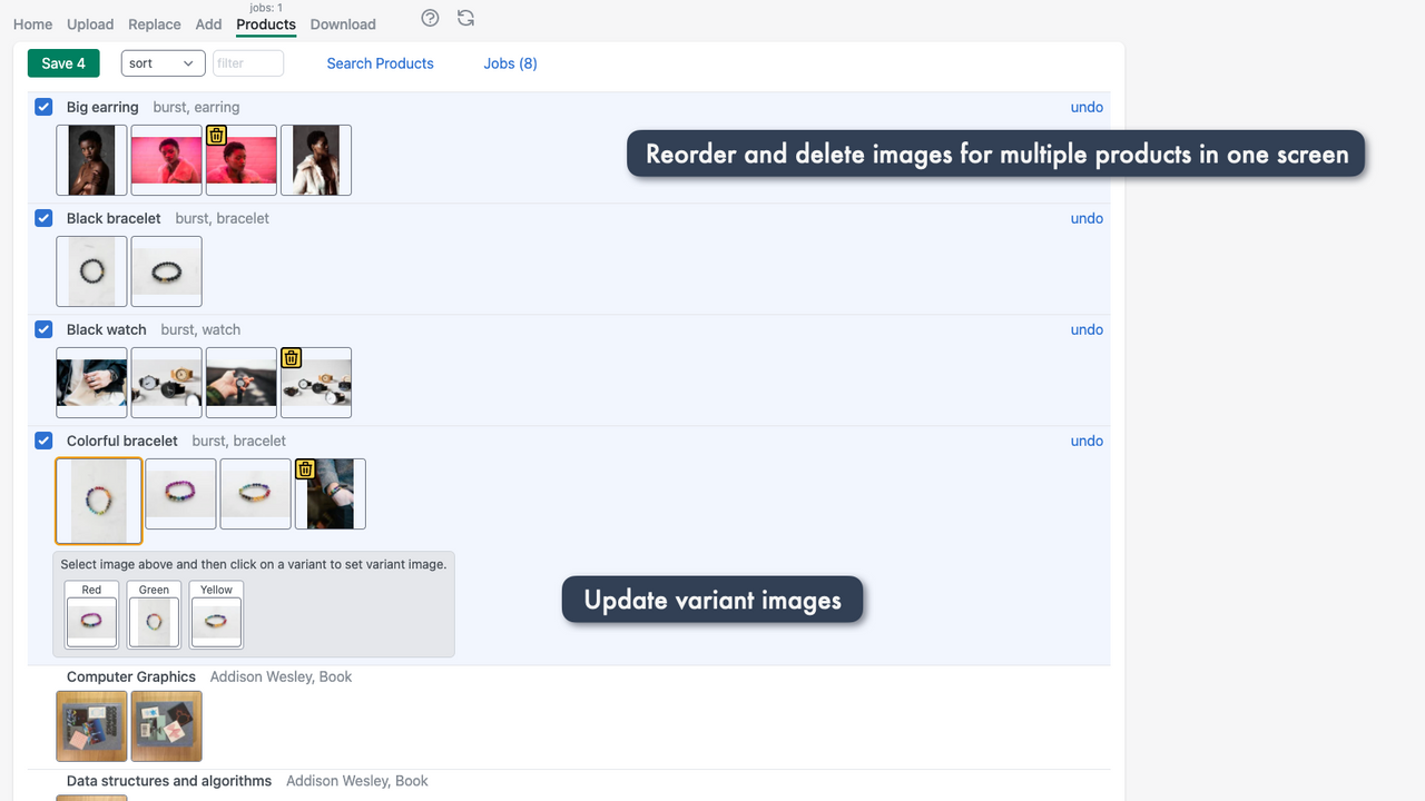 Reorder, delete and set variant images