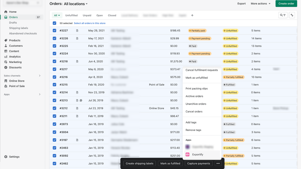 Exportify admin links in the bulk actions menu on /admin/orders