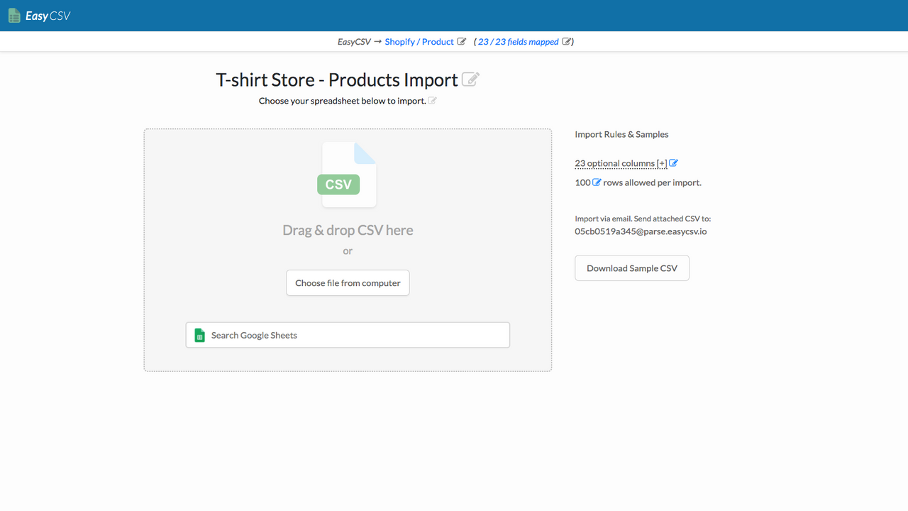 Shareable spreadsheet import page