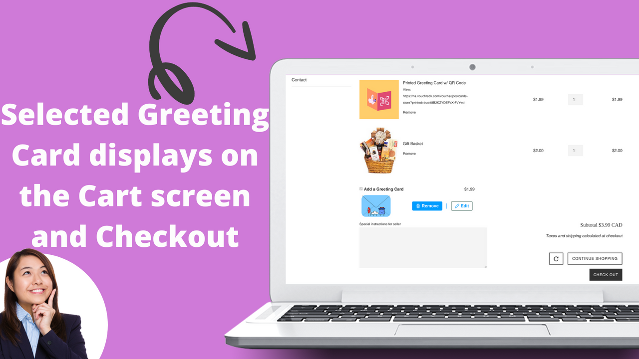 Selected Greeting Card displays on the Cart screen and Checkout