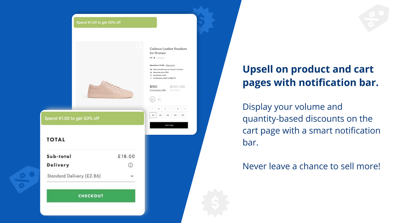 Upsell on product and cart pages with notification bar