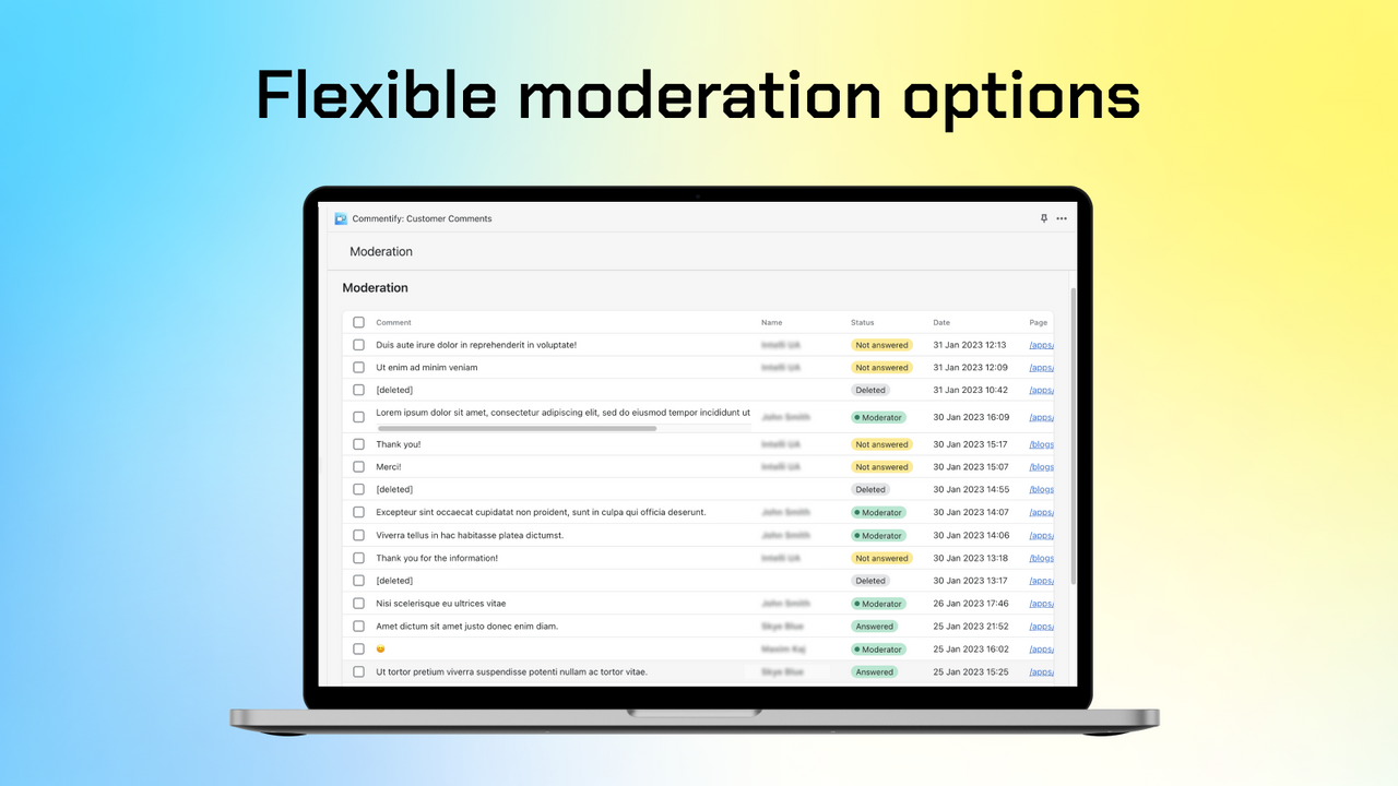 Commentify comments from Shopify – Admin moderation interface