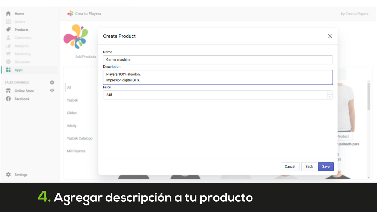 4. Agregar nombre y descripción a tu producto.