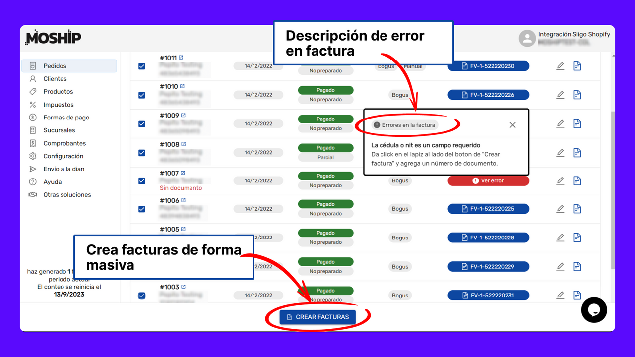 Errores y facturas masivas