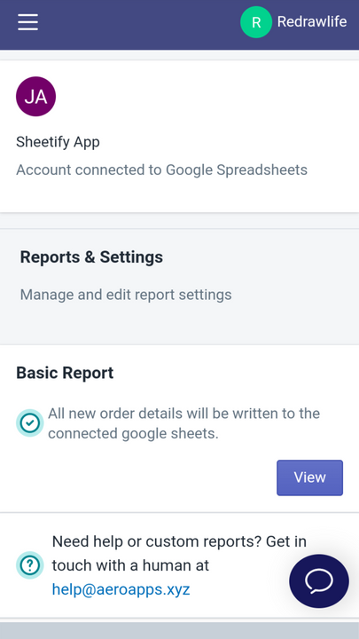 Mobile Sheetify connected dashboard : Order Reports