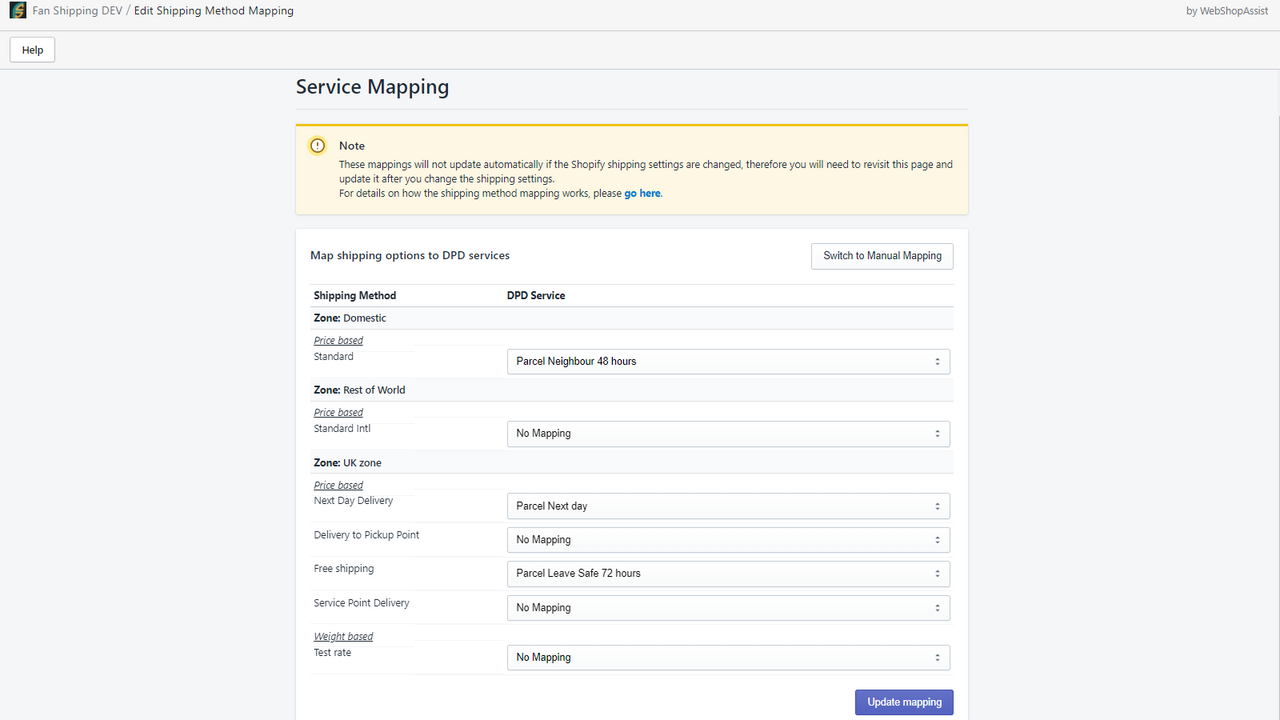 Shipping method mapping