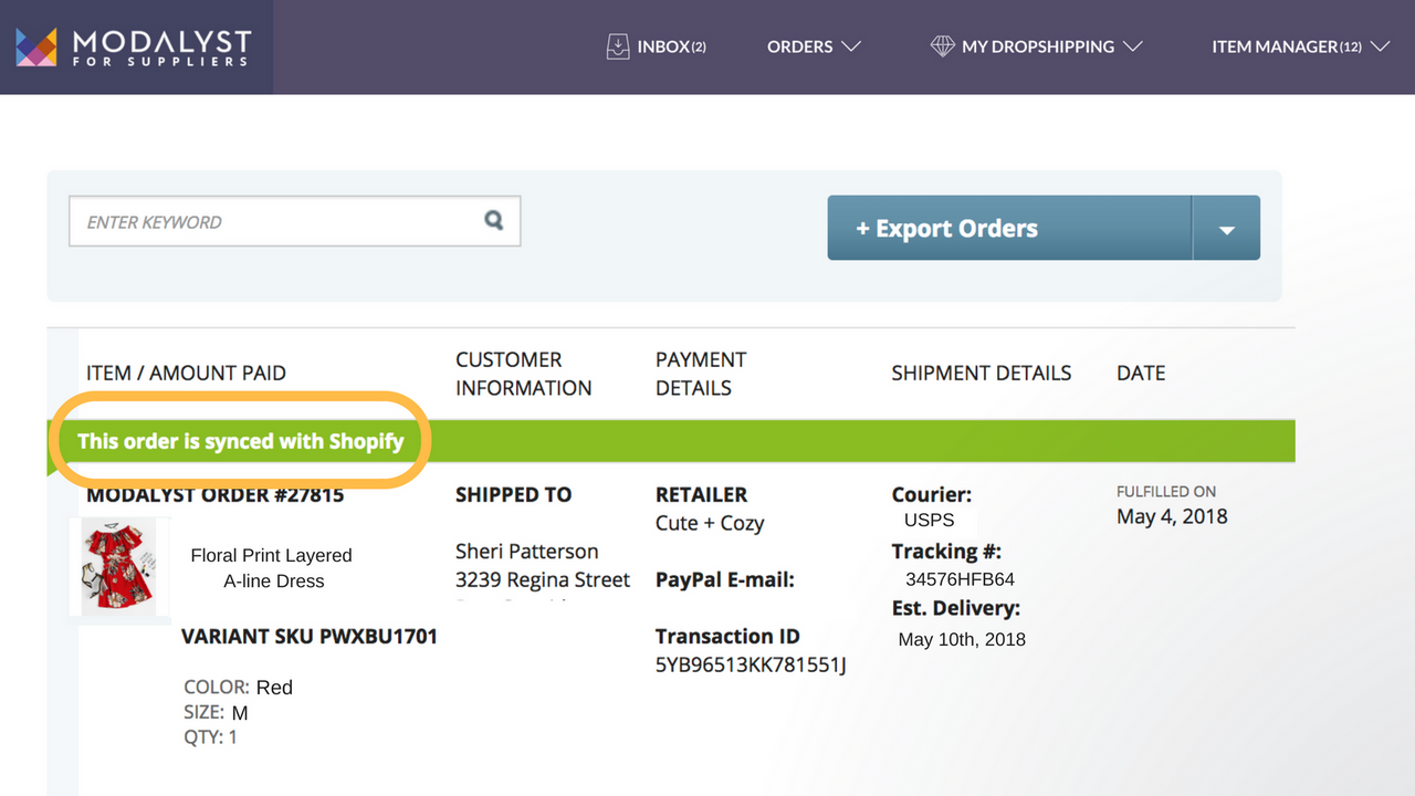 Orders sync to Shopify, including customer's shipping info