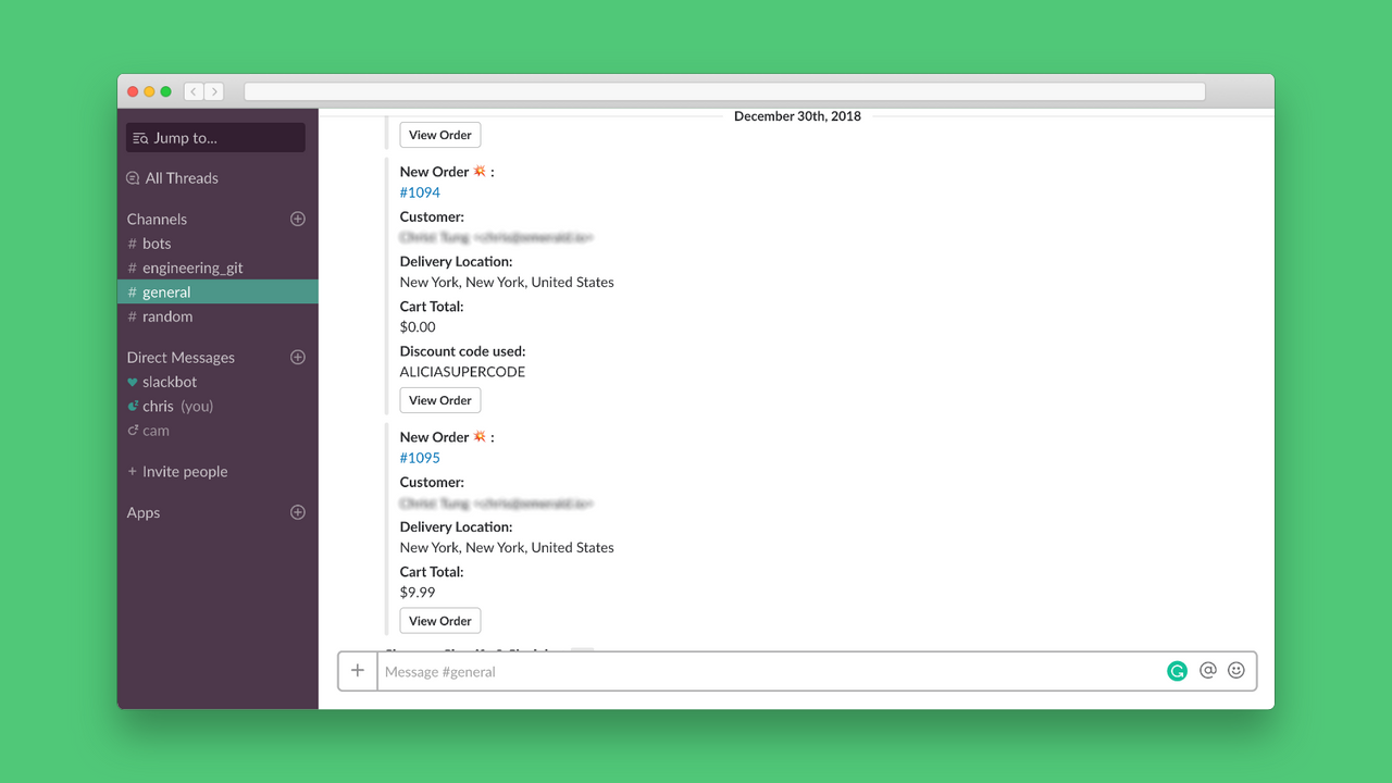 Automatic order notifications triggered from Shopify to Slack