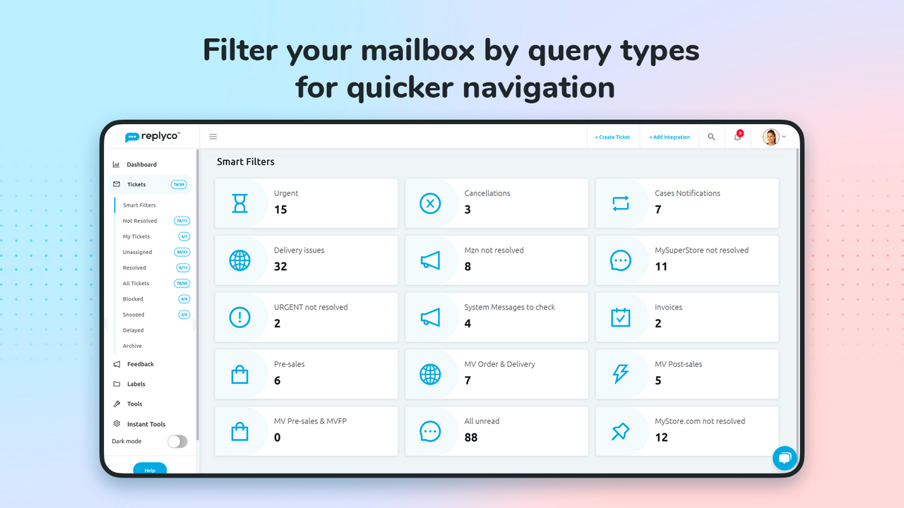 Replyco - Filter mailbox by query types for quicker navigation