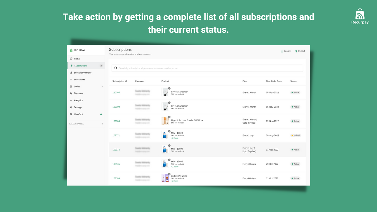 Shopify Subscription app: Recurpay subscription list page