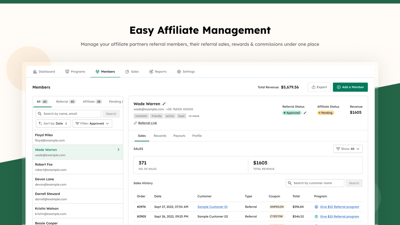 Manage affiliates, sales, commissions and payouts easily