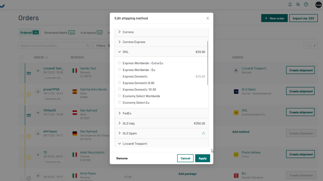 Carrier selection for shipment