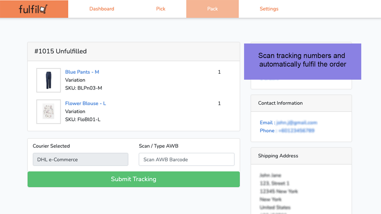 Scan tracking numbers and automatically fulfil the order