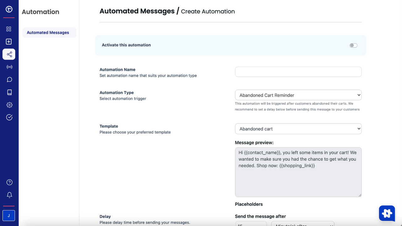 Screenshot of Abandoned cart automation settings