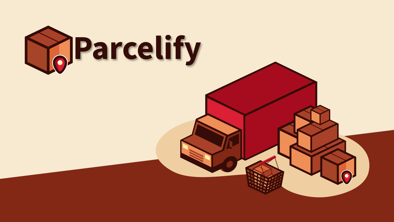 Parcelify banner adjacent a flatbed with boxes piled in front