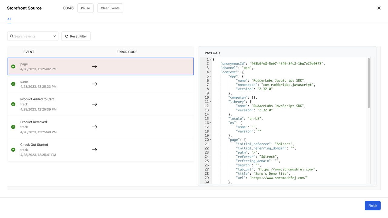 Live events flowing through the source with event payloads