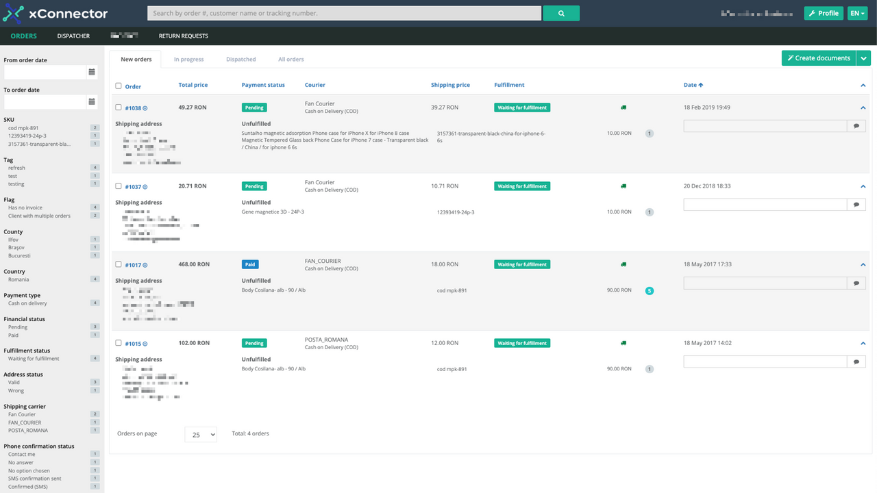 The order list with filters on the left panel