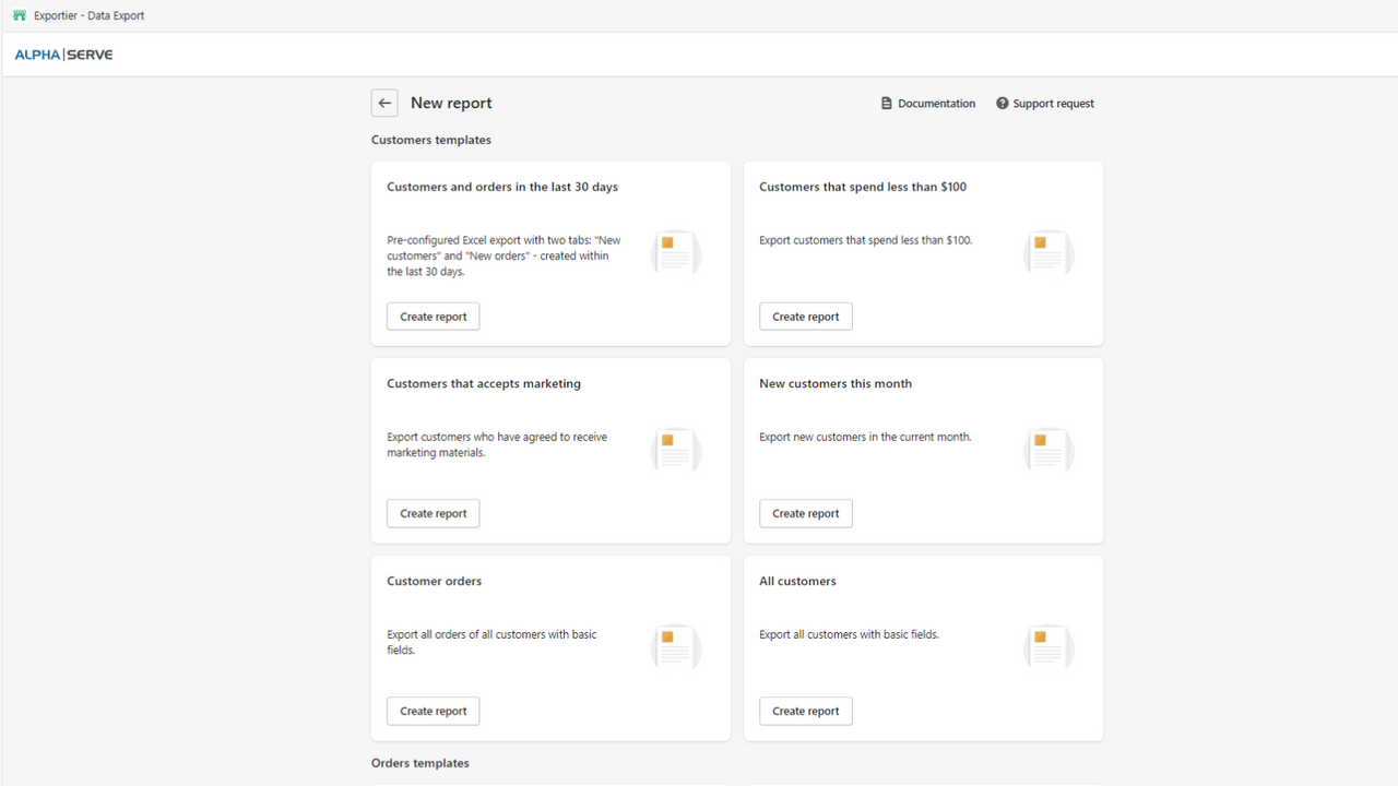 Manage Shopify data export with advanced reports templates