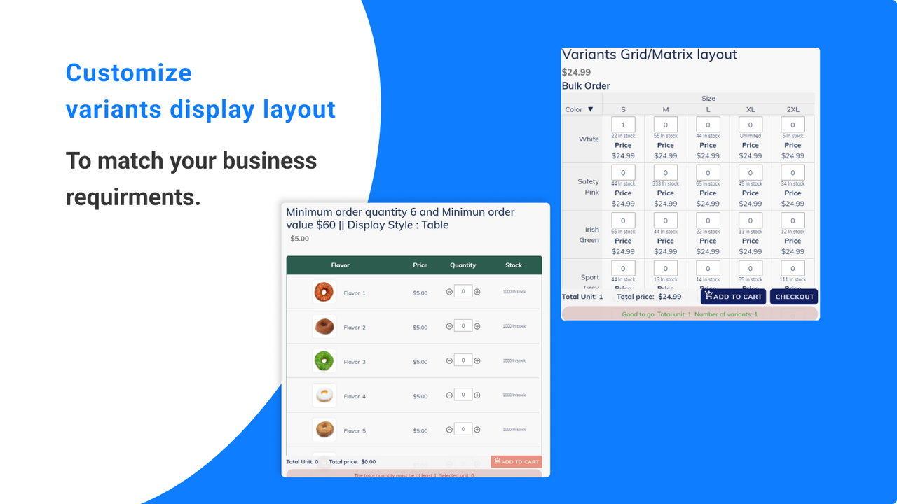 Customize bulk order form display in grid/matrix layout