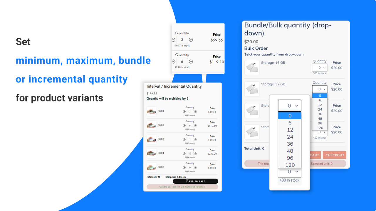 Maximum maximum and bundle order quantity selector dropdown