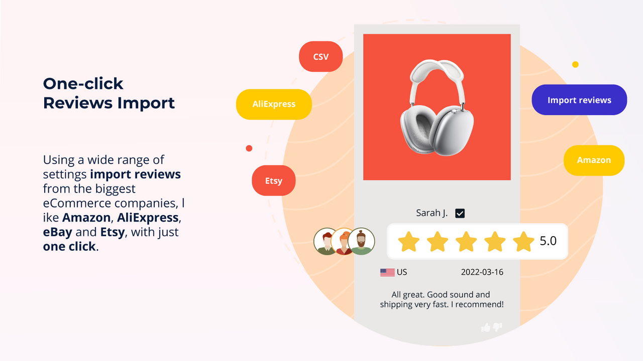 Import reviews from AliExpress, Amazon, Etsy, Ebay, CSV import