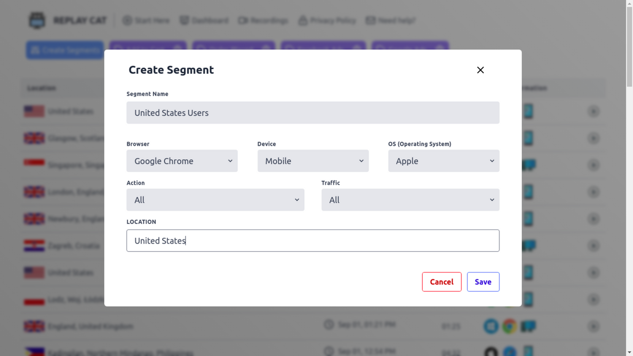 Replay Cat session recording app custom segments