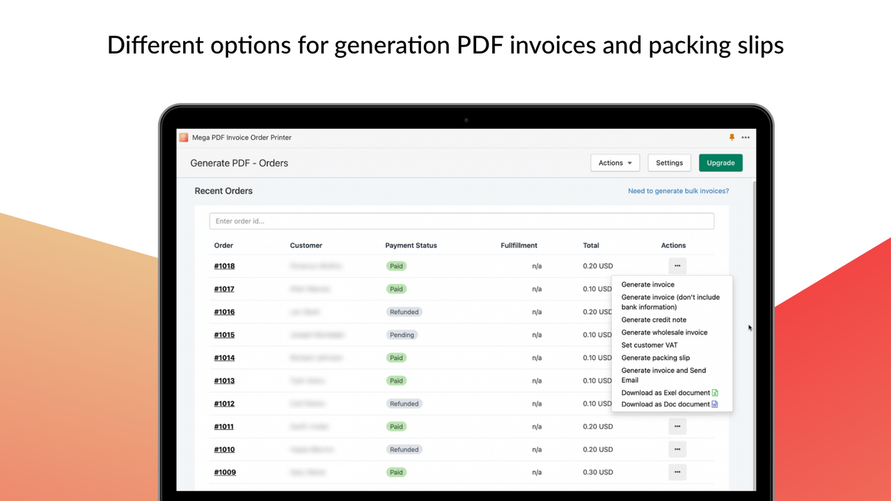 Invoice PDF generator – orders list – download or email PDF