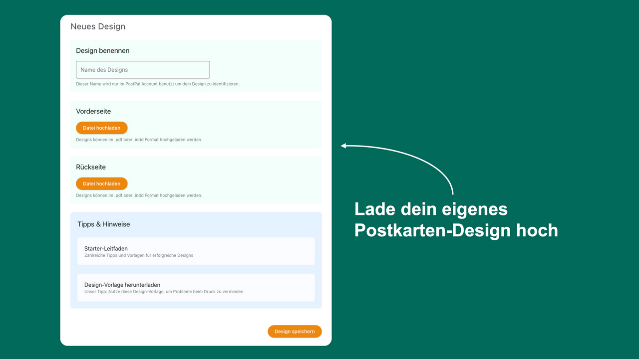 Interface für das Hochladen eines Postkarten-Designs