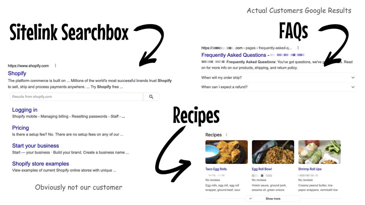 Example Rich Results: Sitelink Searchbox, FAQPage, & Recipes