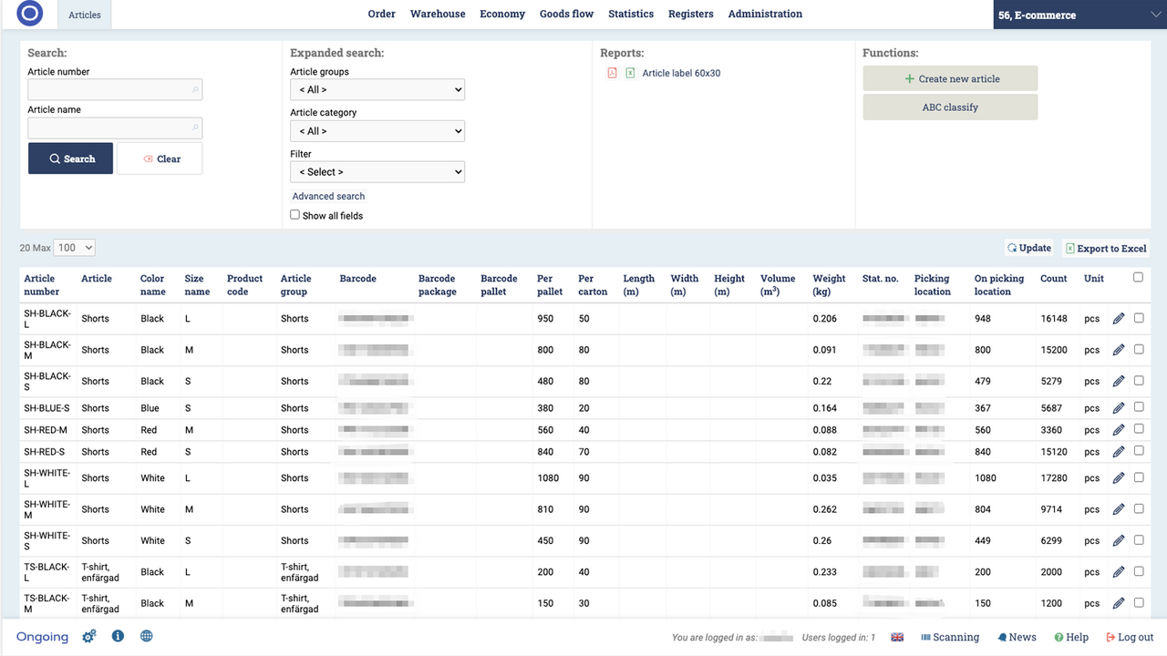 Ongoing WMS has a rich article (product) information registry.