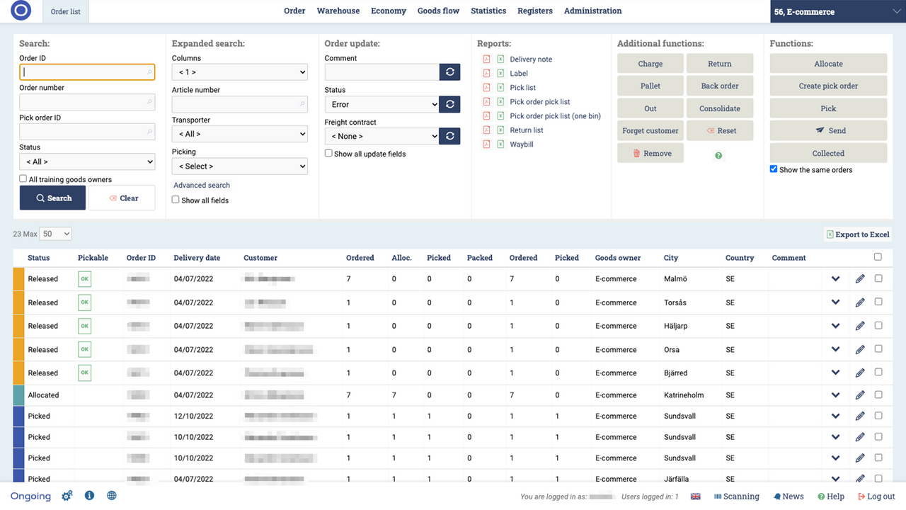 Ongoing WMS order list provides overview of your sales orders.