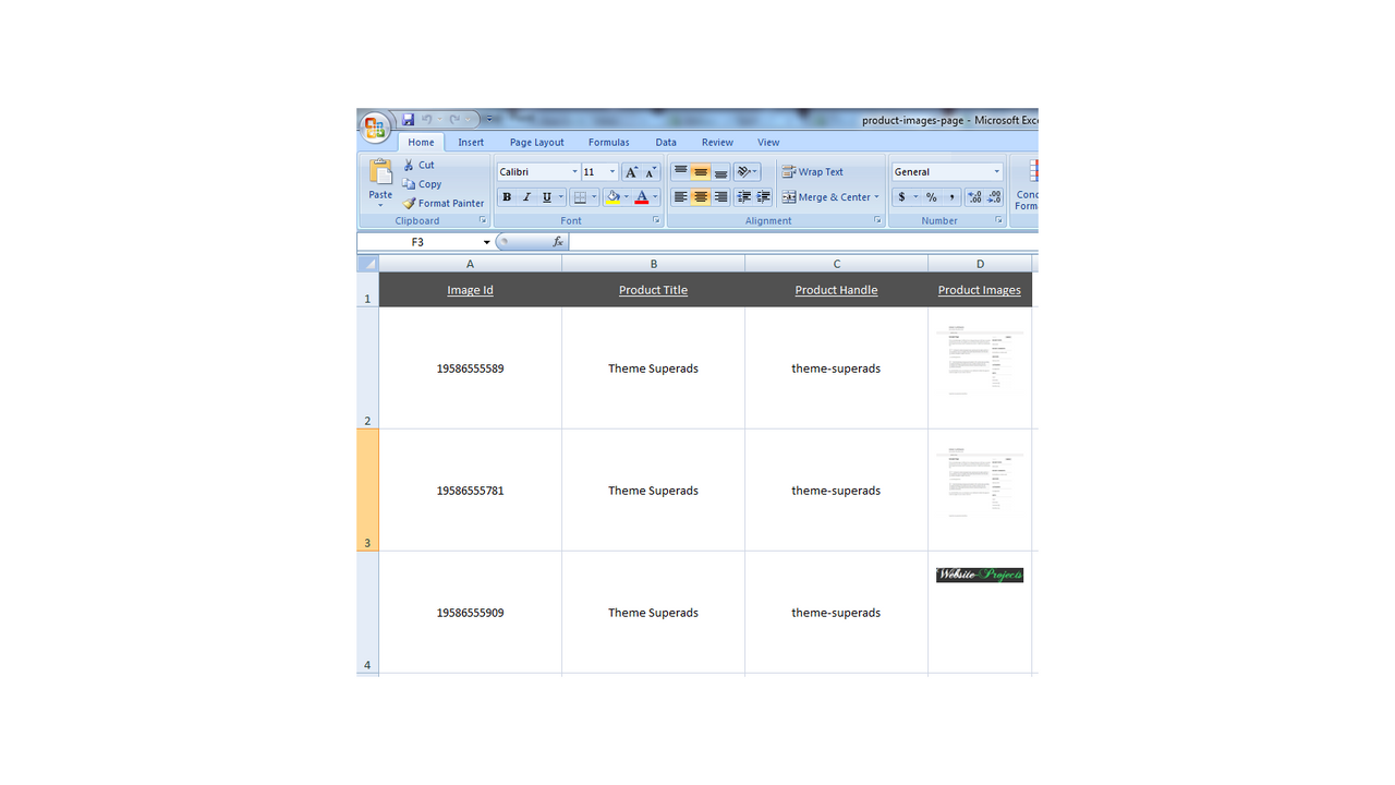 product images on spreadsheet