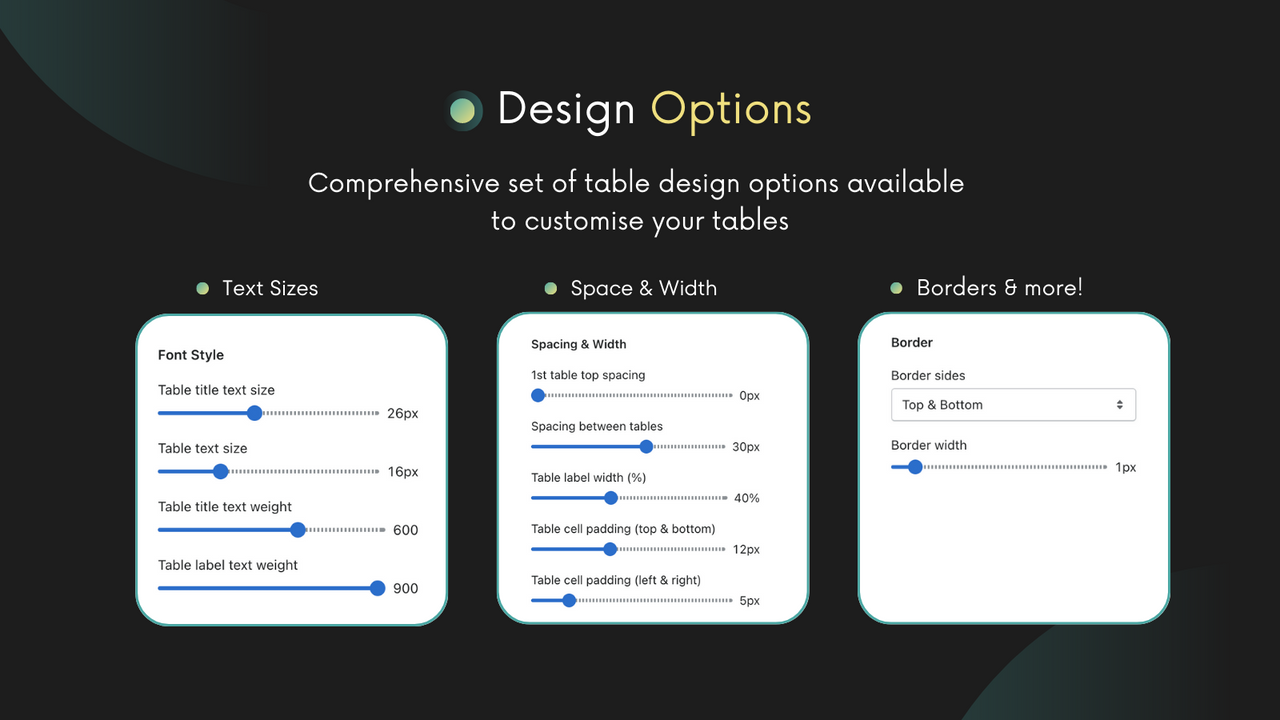 Design settings to customise your spec table