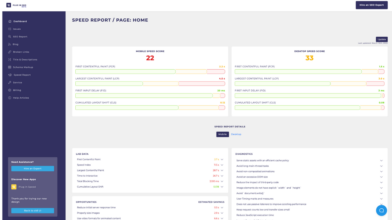 View SEO reports and metrics for your site to fix and optimize.