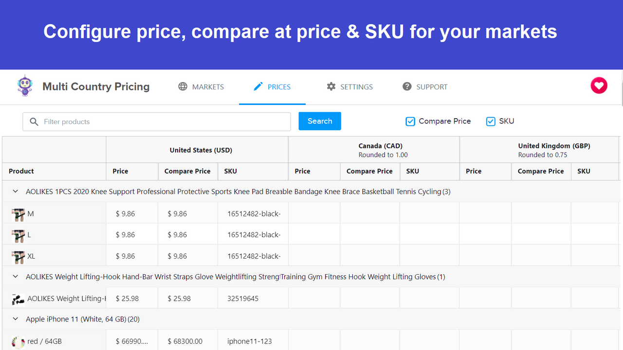 Set different prices in Multi Country Pricing App