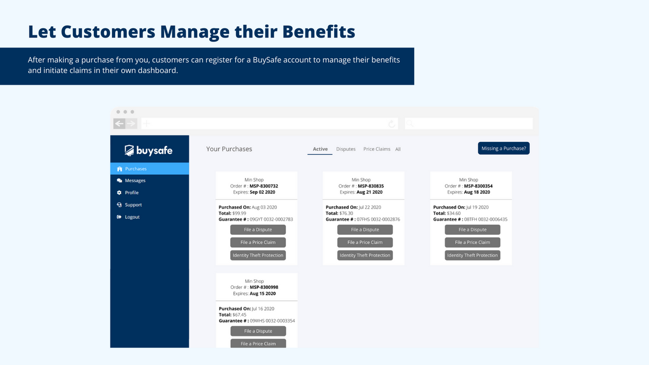 Shoppers can manage their BuySafe benefits in a dashboard