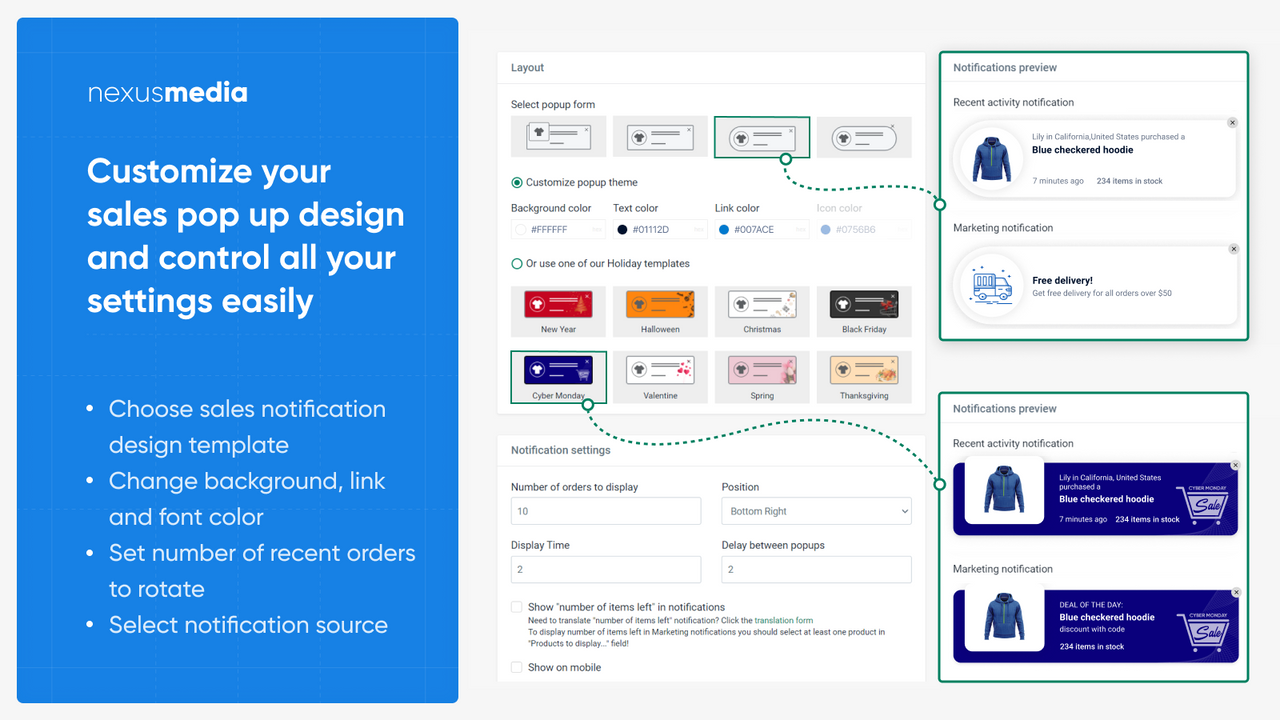 Customize your sales pop up shopify design and control settings