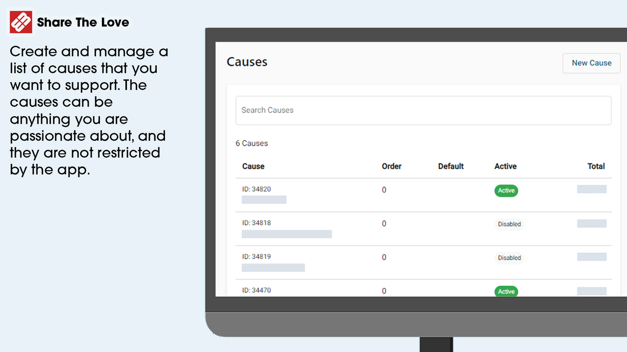 Share the love admin - manage causes