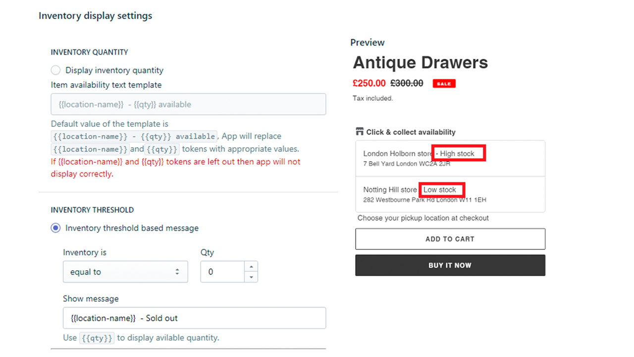 Inventory Display settings