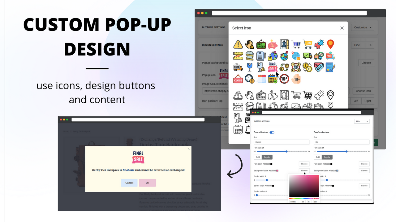 Custom pop-up design use icons design buttons and content
